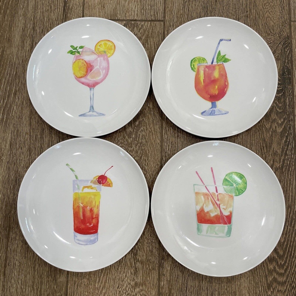 Set 4 COCKTAIL 8.5” Party Plates Melamine Appetizer Snack Salad Shower Drinks